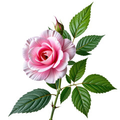 Beautiful pink and white rose flower with green leaves and budding petals on a white background perfect for floral decoration or botanical artwork