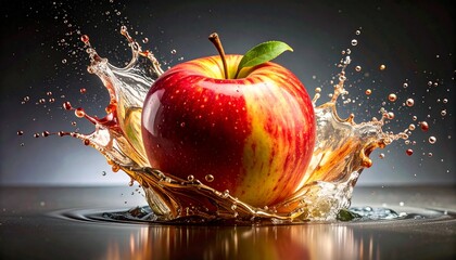 A vibrant red and yellow apple splashes into water, creating a dynamic burst of droplets on a reflective surface against a dark background.