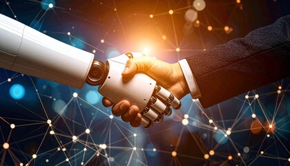 A human hand shakes the hand of a robotic arm against a backdrop of glowing nodes and network connections, symbolizing collaboration and technology.