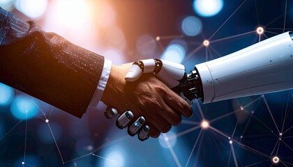 A human hand in a suit shakes hands with a robotic arm against a backdrop of interconnected nodes, symbolizing collaboration and technological advancement.