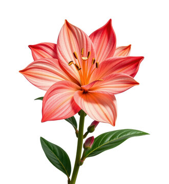 Fototapeta Beautiful vibrant pink and peach lily flower with detailed petals and green leaves isolated on white background perfect for floral and nature themes