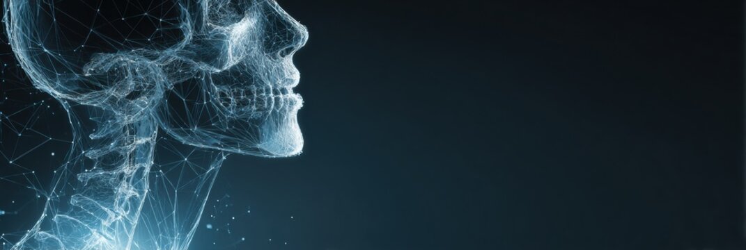 Abstract 3D Mesh Representation of Facial Curves and Bone Structure With a Glowing Medical Style on a Dark Background
