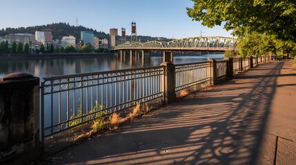 Obraz premium Riverside walkway with shadows and a bridge.