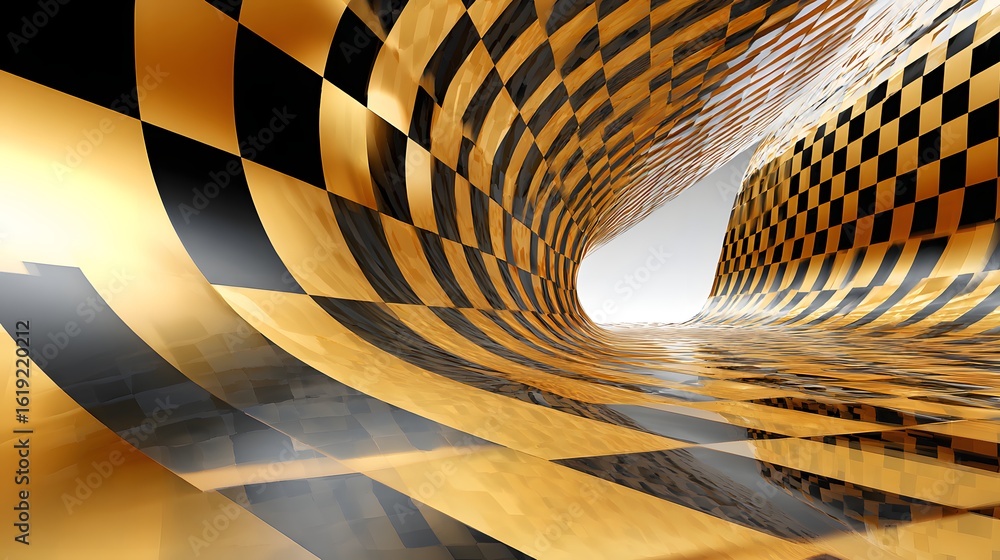 Poster golden checkered tunnel with reflective surface.
