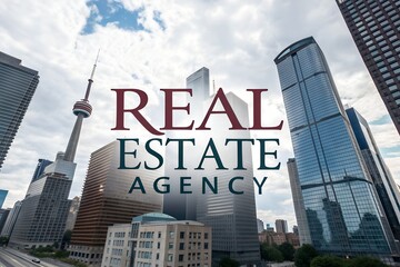 Professional real estate banner with Real Estate Agency word modern building in background clean template with copy space looks like company logo perfect for housing listings or realtor presentations