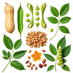 Diverse collection of fresh and dried soybeans including pods, seeds, leaves, and flowers, illustrating soybean plant parts and global agricultural crop variety
