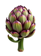 Vibrant and detailed fresh purple-green artichoke close-up with layered leafy exterior and firm stem isolated on white background perfect for culinary and botanical themes