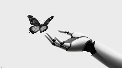 Robotic Hand Reaching for Butterfly in Artistic Black and White