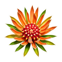 Vibrant orange and green tropical flower with detailed petals and symmetrical arrangement, isolated on white background perfect for floral and nature design