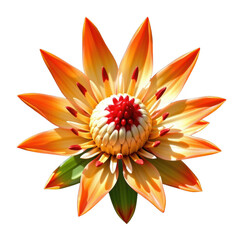 Vibrant orange and cream tropical flower with pointed petals and central red and white floral cluster, detailed close-up of exotic garden blossom