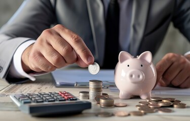 A scene where a business professional drops coins into a piggy bank, suitable for savings account promotions, wealth management posters, and corporate financial training courseware.
