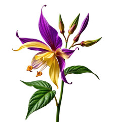 Vibrant purple and yellow flowe plant with multiple buds and green leaves, showcasing detailed petals and natural botanical aesthetic on white background