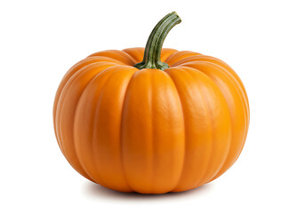Obraz premium A single, whole, bright orange pumpkin featuring a prominent green stem, ideal for festive seasonal decorations.