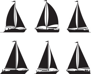 Fototapeta premium Six diverse silhouettes of sailboats on the water