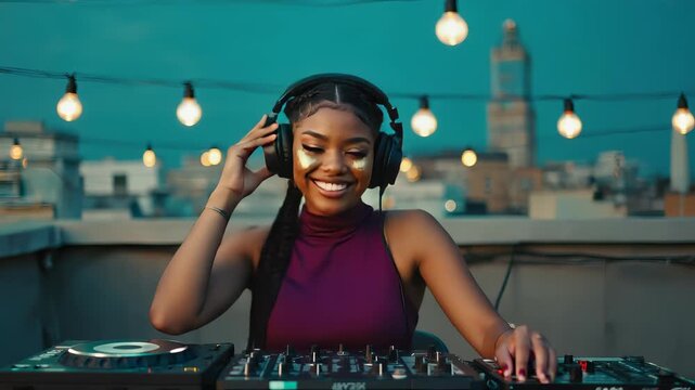 A female DJ with glitter on her cheeks enjoys her set while wearing headphones and bopping her head. The urban rooftop venue is beautifully lit with string lights against the skyline