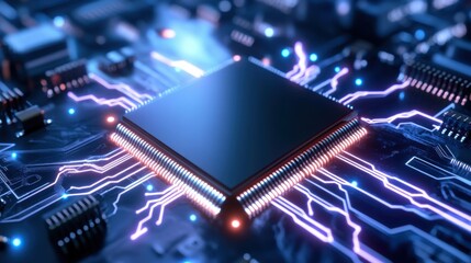 Close-Up of a Modern Microchip with Glowing Circuits and Connections