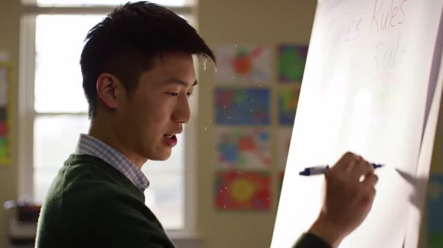 Man writes Rules on classroom whiteboard
