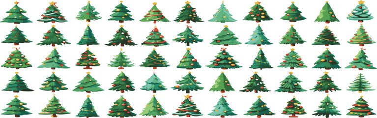 Collection of diverse Christmas trees decorated with ornaments and stars on a white background
