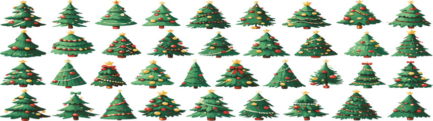 Collection of thirty six decorated green christmas trees with red and yellow ornaments and stars on white background