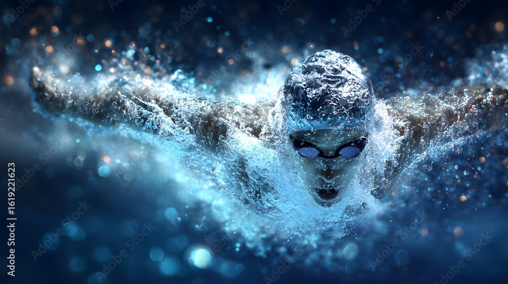 Poster powerful swimmer executing a butterfly stroke.