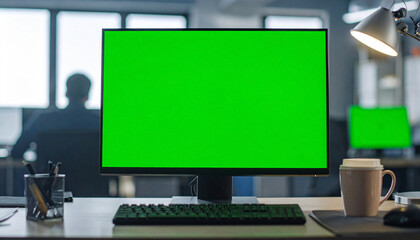 Computer monitor with a green screen on a desk in an office setting, with a mug and office supplies.