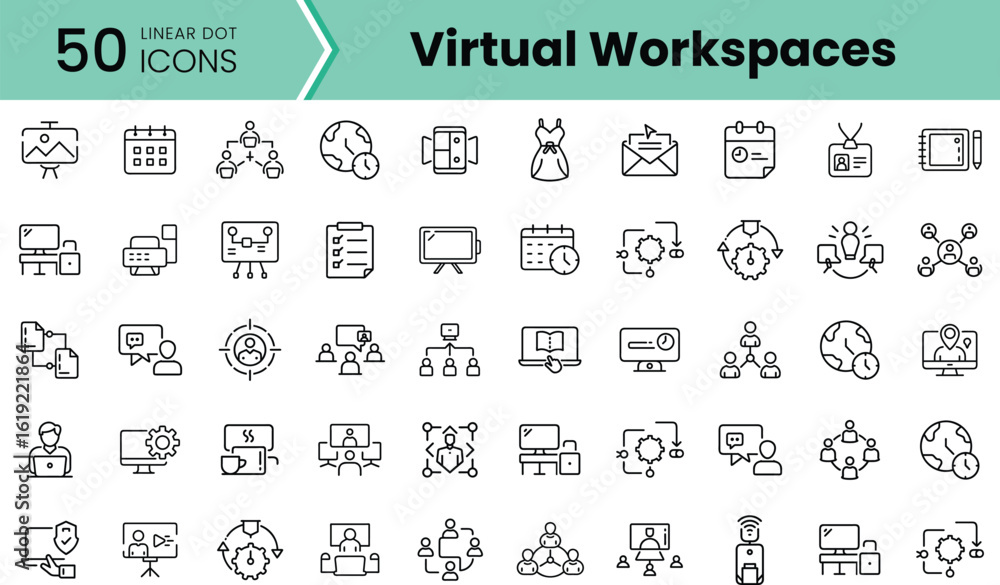 Poster a collection of 50 linear dot icons representing various virtual workspace elements, including lapto