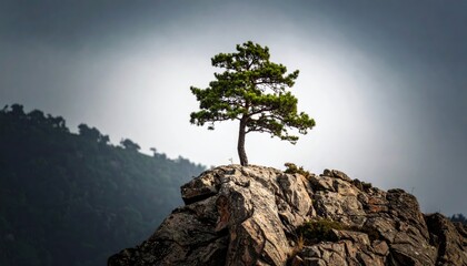 Obraz premium Resilient Pine Tree Stands Alone on a Rocky Mountain Peak