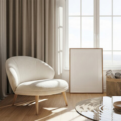 Mockup poster frame leaning against wall in cozy modern living room with boucle armchair, soft sunlight, and neutral decor