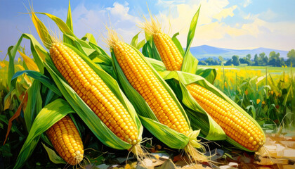 group of corns placed in front cornfield farm with morning sunlight and clear sky as background. oil painting. cover design, Agricultural product labels