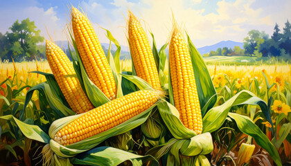 group of corns placed in front cornfield farm with morning sunlight and clear sky as background. oil painting. cover design, Agricultural product labels