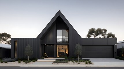 Contemporary black house with a peaked roof.