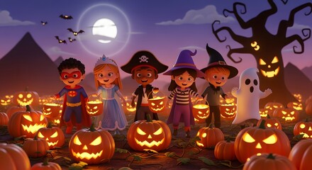 Children in Halloween Costumes Standing with Jack-o'-lanterns in Night Scene with Full Moon