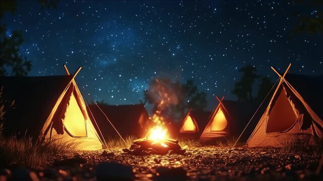 Lit campfire at night illuminating a group of teepees in the woods. A serene and tranquil setting for an outdoor adventure.