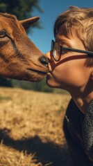 Boy Kissing a Goat on a Sunny Day