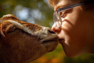 Boy Kissing a Goat on a Sunny Day