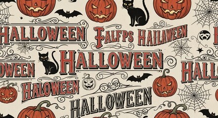Halloween-themed design featuring pumpkins, black cats, and spooky elements with a vintage aesthetic