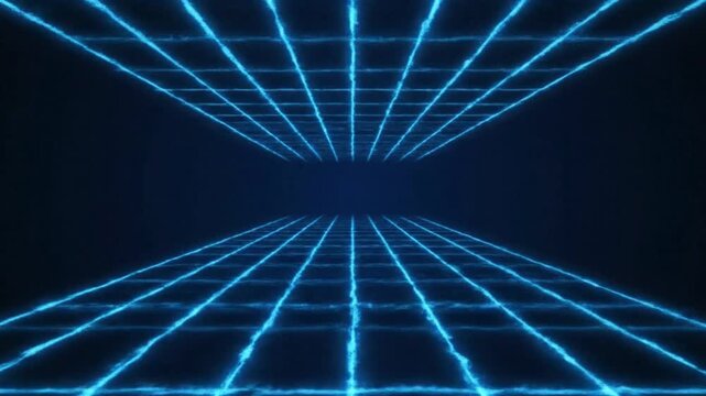 Neon data grid moving in perspective, glowing tech lines pulsing, cyberpunk inspired, perfect for sci-fi or digital branding