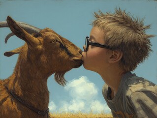 Boy Kissing a Goat on a Sunny Day