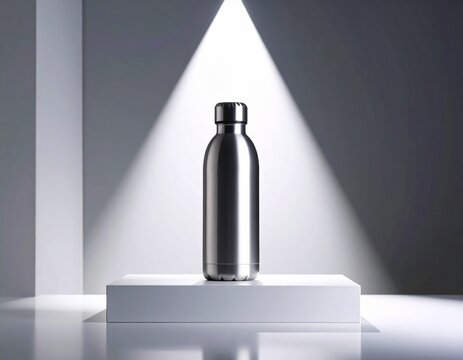 "Epic product hero shot: a rugged metal bottle, on a pristine white stage, dramatic side lighting, full HD, ready for a billboard."

