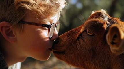 Boy Kissing a Goat on a Sunny Day