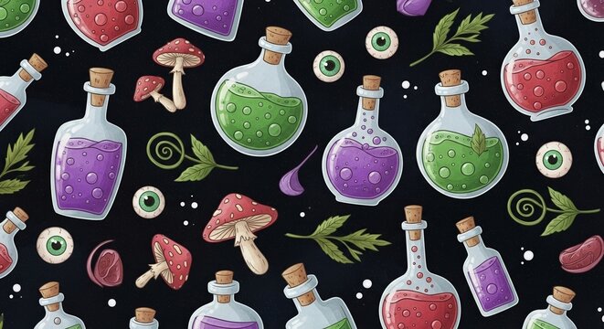 Colorful potion bottles and mystical elements create a whimsical pattern for a fun fantasy-themed design