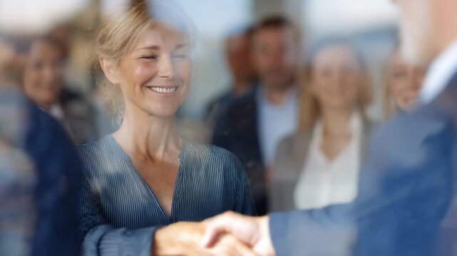 Double exposure captures a woman&rsquo;s handshake through glass, illustrating openness and clear dialogue in professional environments.
