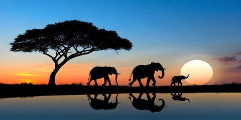 Elephant family silhouette at sunset