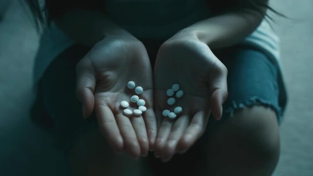 Hand holding pills against dark background. Health and medicine concept.