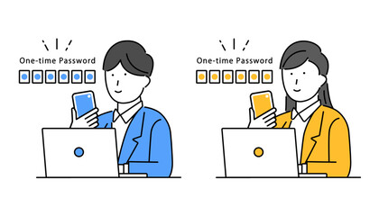 スマホでワンタイムパスワードを受け取った男性と女性のイラスト