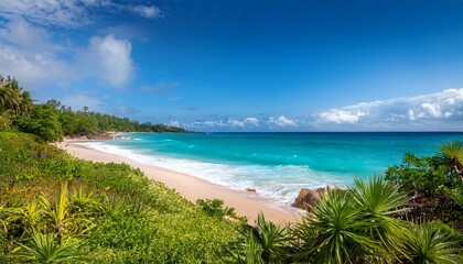 soft waves lap gently against the shoreline of a peaceful beach vibrant tropical plants create a serene atmosphere in a picturesque coastal setting inviting relaxation and reflection