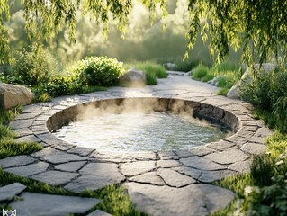 Serene outdoor hot tub nestled in a lush natural garden setting