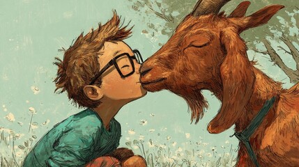 Boy Kissing a Goat on a Sunny Day