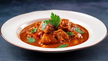 vindaloo is a rich and spicy curry featuring tender meat simmered in a flavorful sauce garnished with fresh cilantro for an aromatic and delicious meal experience