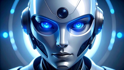 Advanced Female Android Portrait with Intense, Glowing Blue Cybernetic Eyes
